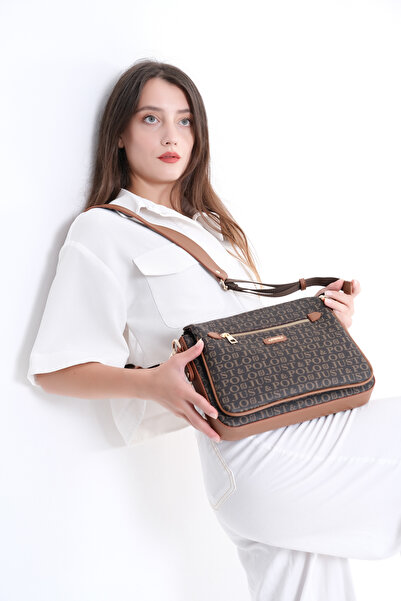 Just Polo Women's Brown Monogram Printed Postman Hand and Shoulder Bag