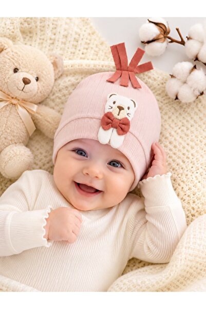 Pure Boutique Caciulita bebe fetita 0-3 luni, 100% bumbac, roz cu ursulet apl...