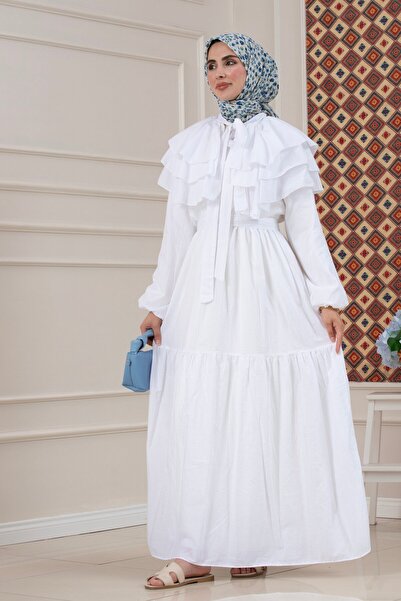 Sevitli Ruffle Detailed Roza Hijab Dress-White