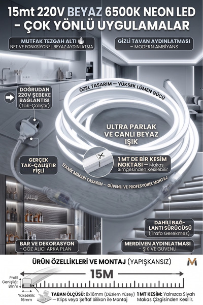 ECONA 15 Metre BEYAZ-6500K 220V Neon LED Şerit ,Tak Çalıştır Set, Fişli Esnek...