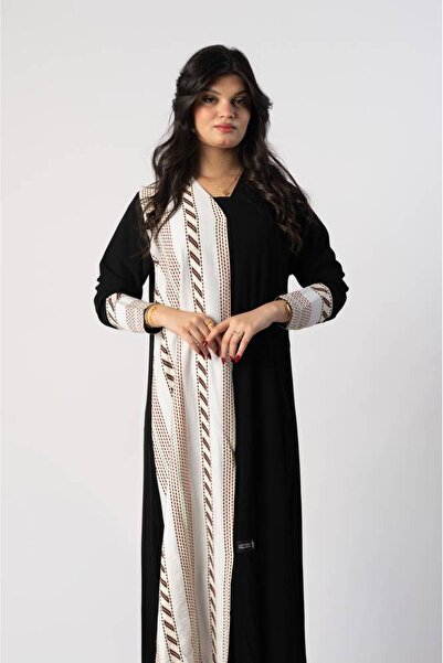 FJ Black abaya with traditional details on the front and sleeves - 59