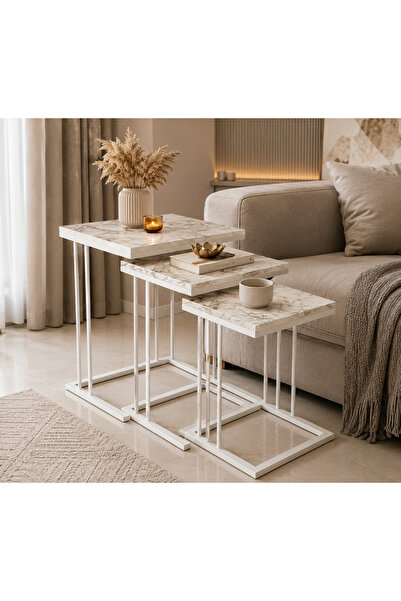 N.zone 3-Piece Nesting Service Table Set with Marble Top and Metal Frame, Dim...