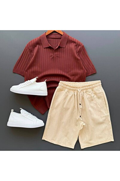 Beylerce Nurse Collar Knitwear T-Shirt + Raw Linen Shorts 2-Piece Combination