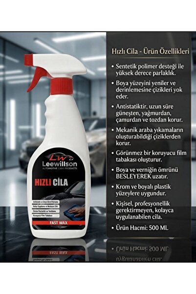 LeeWillson Hızlı Cila Spreyi - 500 ML - Araç Boya Koruyucu, Antistatik, Üstün...