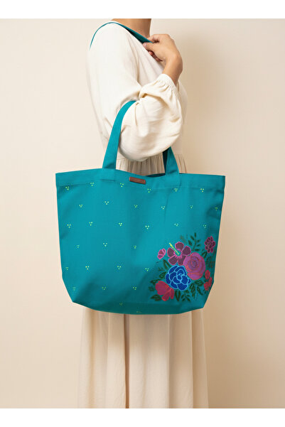 Vogue Visage Teal Floral Bouquet Hand-Painted Canvas Tote Bag