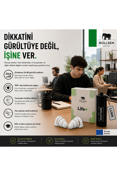 BOLLSEN Life+ Ofis ve Ders Çalışma Kulak Tıkaçları Silikon 24 dB SNR Gürültü ...