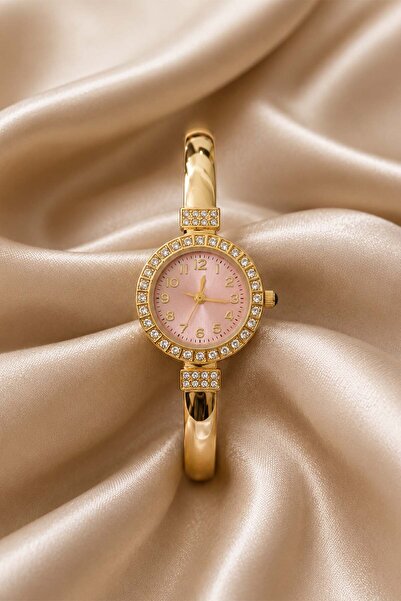 GANYMET Stei̇s Women's Gold Steel Handcuff Watch with Pink Dial Stone Embelli...