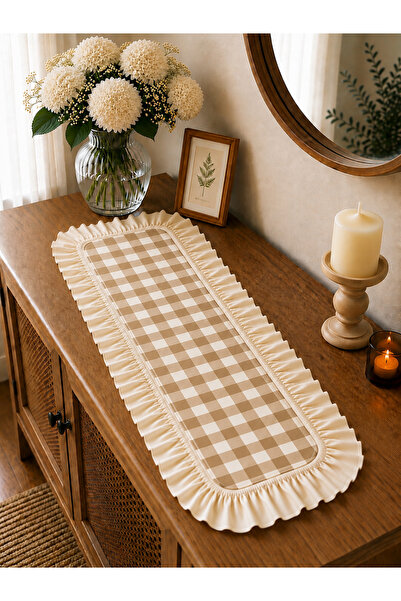 ŞAH TEXTILE DESIGN 30x80 keten fırfırlı pötikare runner konsol örtüsü