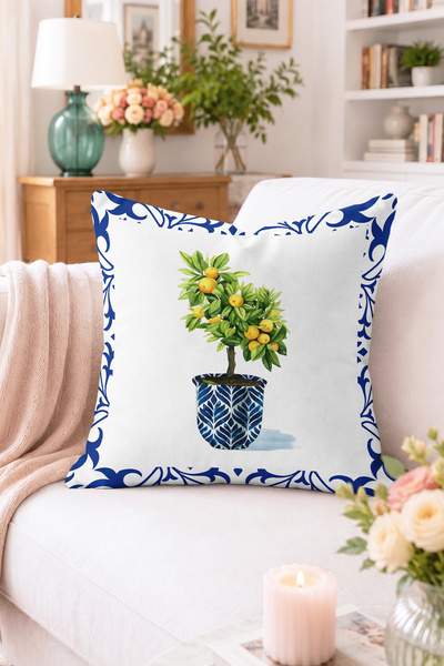 Home Saksıda Limon Ağacı ve Mavi Çini Desenli Çerçeve Kırlent Kılıfı - Beyaz ...