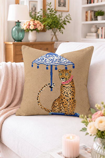 Home Şemsiye Altında Leopar Desenli Kırlent Kılıfı - Bej Mavi Dekoratif Yastı...