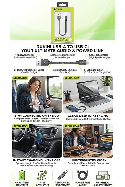 Rukini كابل شحن ومزامنة قصير من USB-A إلى USB-C (20 سم/0.66 قدم) |   شحن سريع عالي السرعة ونقل بيانات فائق السرعة |   كابل مجدول فائق المحمولية ومضاد للتشابك للباور بانك والكمبيوتر المحمول والسيارات والسفر