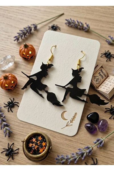 Kanem3D Halloween Cute Witch Earrings - Laser Cut Black Plexi Halloween Jewelry (5X3.5 cm)