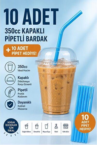 Kitchen Beauty 10 Adet 350 cc Kapaklı Pipetli Sert Plastik Bardak Pet Bardak Limonata Soğuk İçecek Milkshake Bardağı