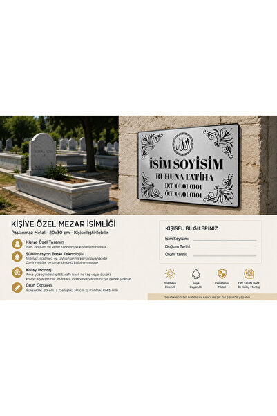 HobiShop Kişiye Özel Metal Mezar İsimliği 20x30 cm –Gümüş Renk Metal Levha –Baskılı Mezarlık Levhası