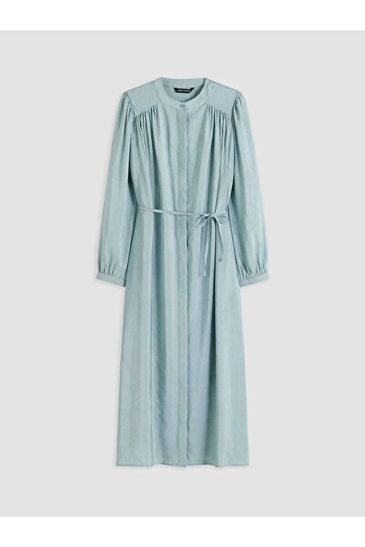 LC Waikiki Lcw Modest Green Crew Neck Gathered Waist Belted Dress