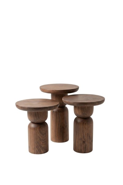 Woodenbend Agata Ceviz Doğal Ahşap Zigon Sehpa Seti 3'lü | Modern Yuvarlak Yan Sehpa Takımı (35 cm çap)
