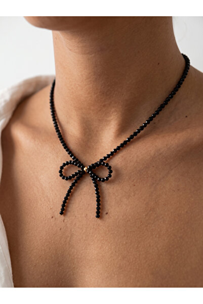 Esdem Accessories Siyah Boncuklu Minimal Fiyonk Kolye