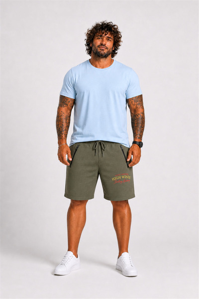 Starbattal Large Size Zippered High Winds Combed Cotton Shorts 26621 Khaki