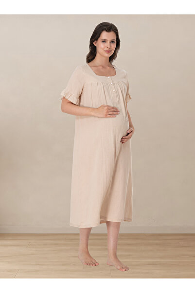 ByLohusa Short Sleeve Muslin Fabric Maternity Nightgown with Breastfeeding Fe...