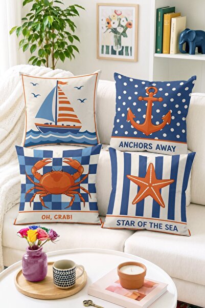 Home Deniz Temalı Yelkenli, Çapa ve Star Of The Sea Desenli 4’lü Kırlent Kılı...
