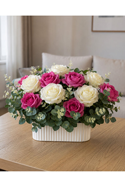 moysahsap party&ahşap Artificial Rose Bouquet Arrangement Flower White with Pot