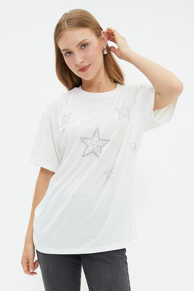 Fulla Moda Stone Star Printed Crew Neck T-Shirt