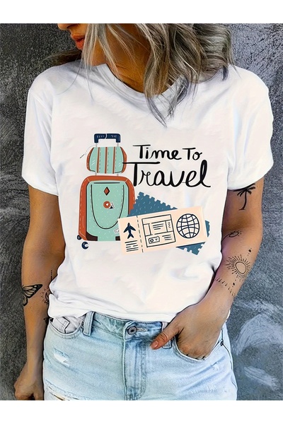BASEPULSE Women's Travel-Themed T-Shirt White Short Sleeve Casual Tee with Ro...