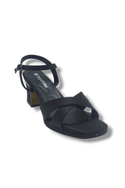 ERBAY 508-26 Shiny Satin Cross Strap Thick Heel Women's Sandals
