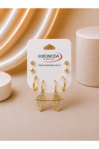 EUROMODA Özel Tasarım Gold Renk 4'lü Küpe Seti
