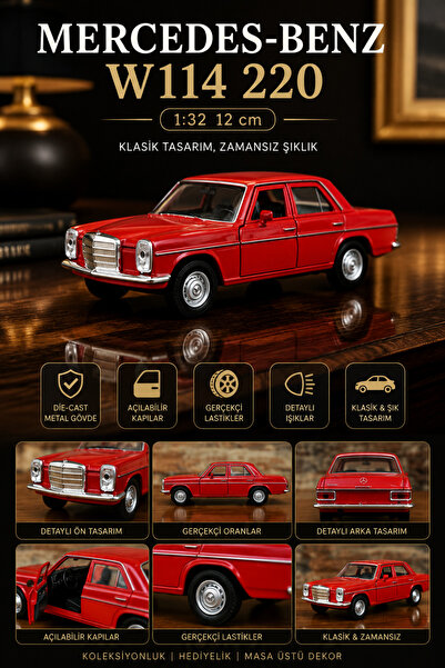craftivio Kırmızı Mercedes-Benz W114 220 Klasik Metal Maket Araba 1:32 Ölçek ...