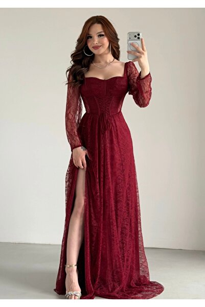 ayşenur Dinçer butik Romance Dantelli Abiye Bordo