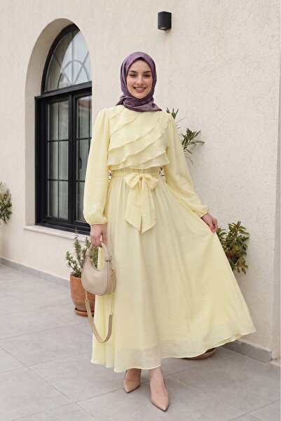 Modamorfo Elastic Waist Belted, Pleated Front, Balloon Sleeve Lined Chiffon D...