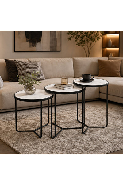 N.zone طقم طاولات خدمة متداخلة 3 قطع بسطح رخامي أنيق وهيكل معدني، تصميم مودرن...
