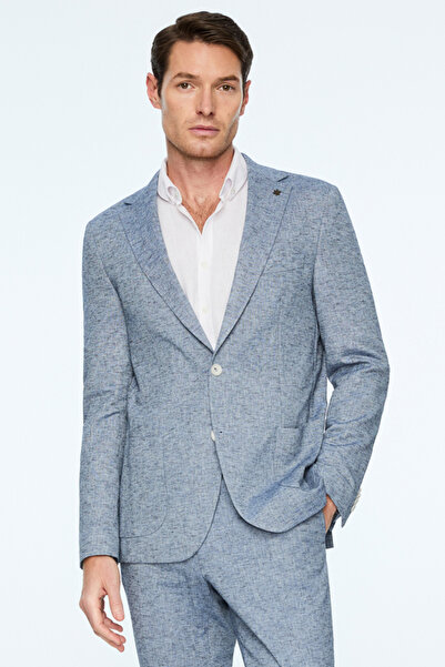 Morven Men's Navy Blue Linen Trendy Patterned Slim Fit Mono Collar Jacket