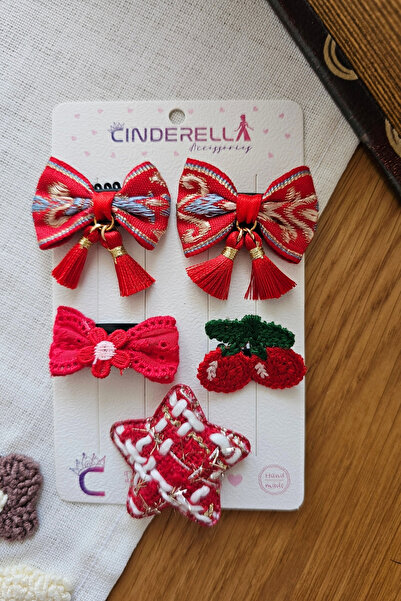 Cinderella 5-Piece Set of Rocking Red Tasseled Bow Hair Clips for Babies - Gi...