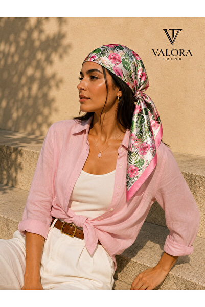 Valora Trend Flamingo ve Tropikal Desenli Saten Fular 72x72 cm – Kadın Kare F...