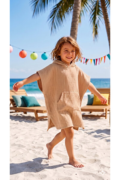 mirellestore 2 Layer Muslin Woven Children's Poncho Beige