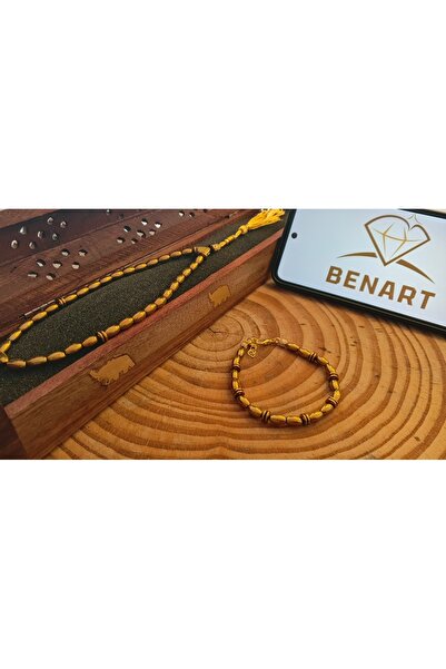 Benarts Altın renkli Hematit Arpa kesim Tesbih | Kutulu | bileklik