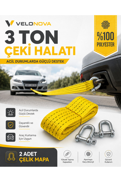 Velonova 3 Ton Sarı Çekme Halatı 3 Metre 5 cm Genişlik 2 Adet Çelik Mapa Dahi...