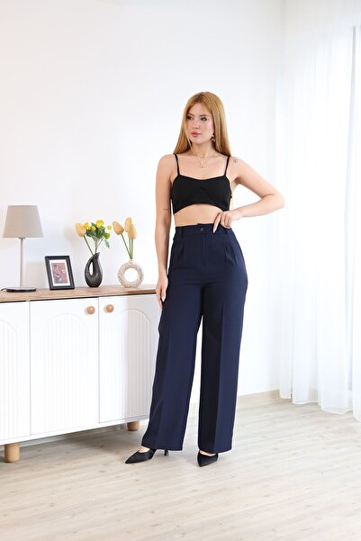 Foremia Front Pleated Detail Palazzo Trousers-Navy Blue