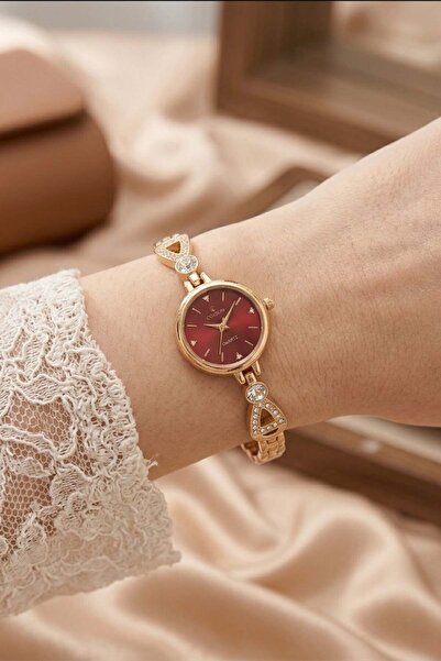 GANYMET Pisa Women's Gold Steel Bracelet Watch Burgundy Dial Stone Detailed E...