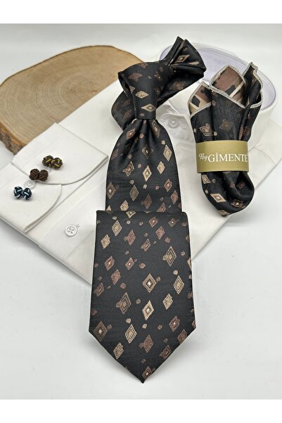 Gutiero Black Patterned Classic Tie with Handkerchief