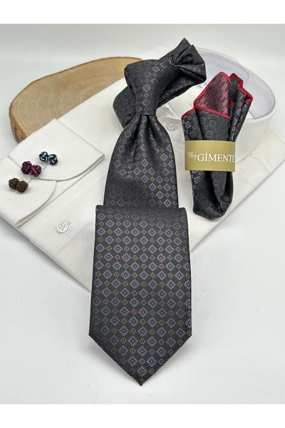 Gutiero Black Patterned Classic Tie with Handkerchief