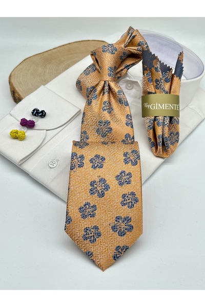 Gutiero Classic Tie with Yellow Floral Patterned Handkerchief