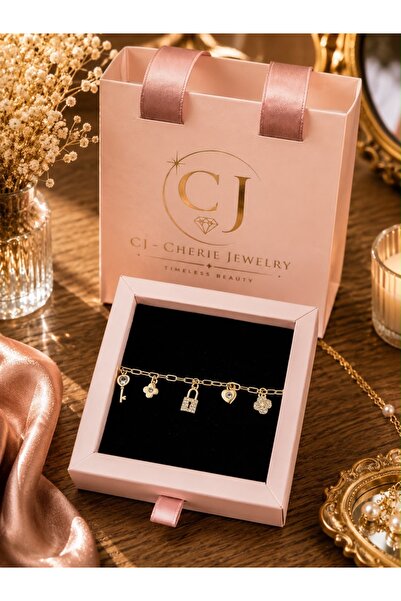 CHERİE CJ Lucky Charm Zirkon Taşlı Altın Renk Kilit Kalp Anahtar Figürlü Kadı...