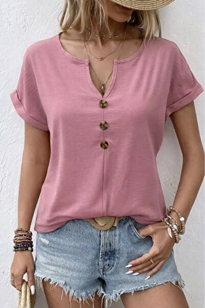 Generic Brand Women's Short Sleeve V-Neck Buttoned Aerobin Blouse