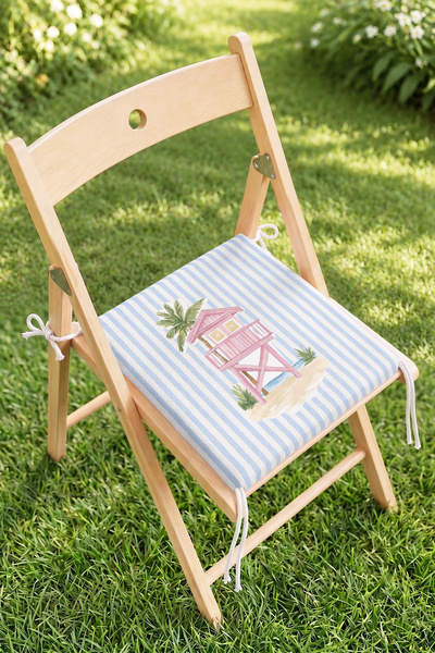 Home Pembe Plaj Kulübesi Desenli Fermuarlı Sandalye Minderi - Mavi Beyaz Çizg...