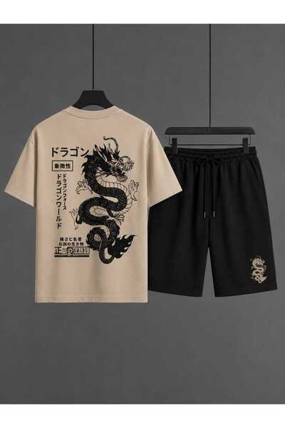 LOTS MODA Oversize Dragon Printed Men's T-Shirt Shorts Set