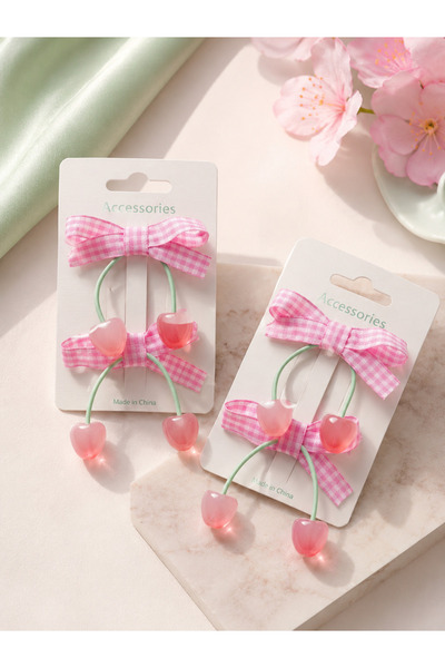 Sweet bunny 🎀 Kiraz Figürlü Pötikare Kurdele Çift Pens Toka – Pembe Beyaz Ek...