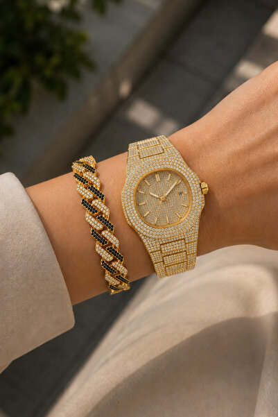 laria jewelry Taşlı Iced Out Saat Ve Siyah Taş Detaylı Küba Zincir Bileklik Seti